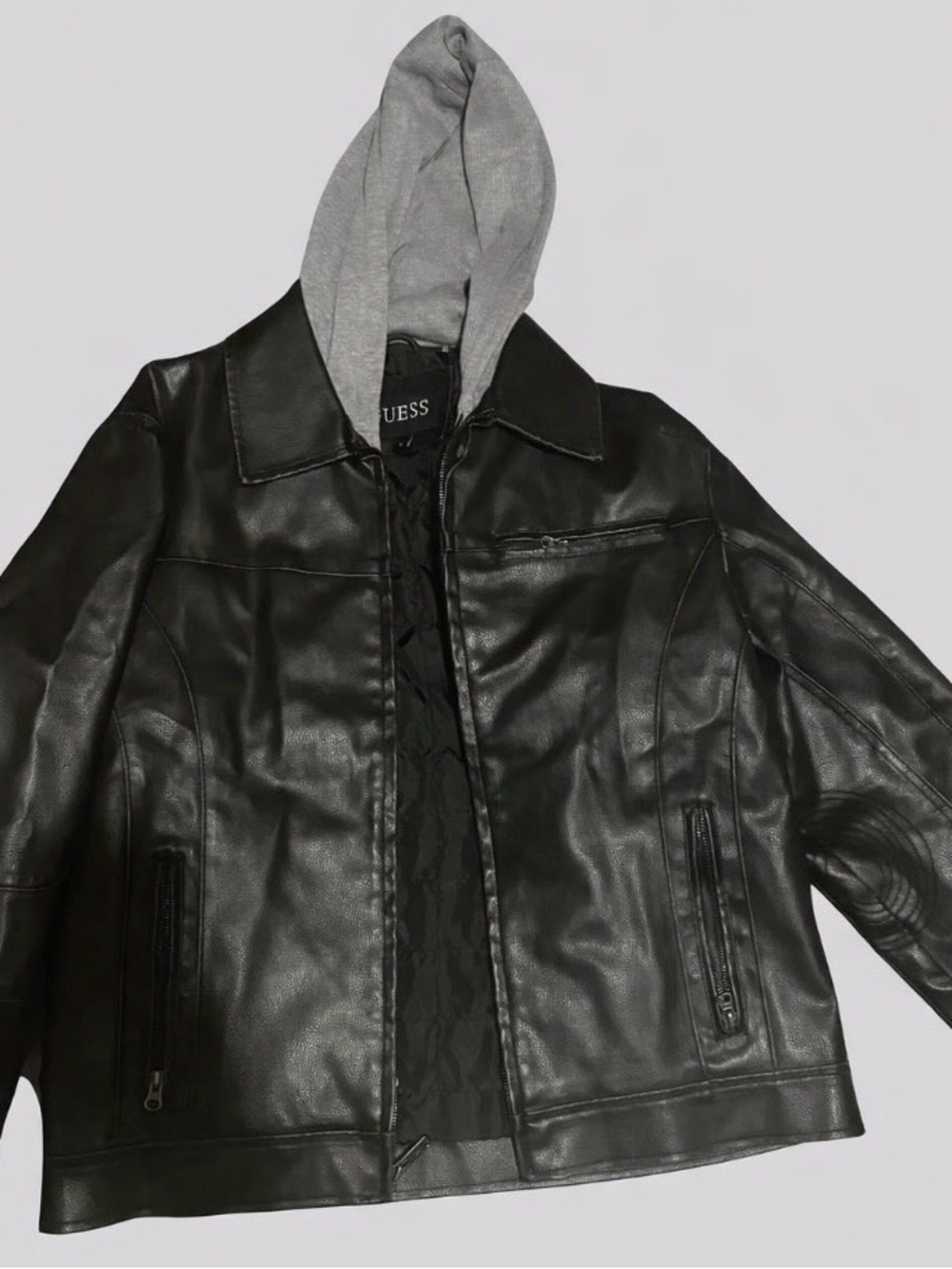 GUESS Black Leather Bomber Jacket with Gray Hooded Insert